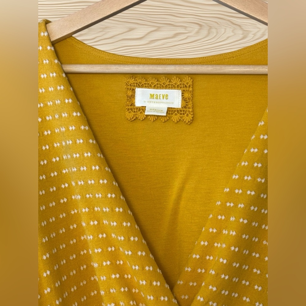 MAEVE by Anthropologie Malta Wrap Dress Mustard Yellow Dot Belted Size M - Picture 7 of 13